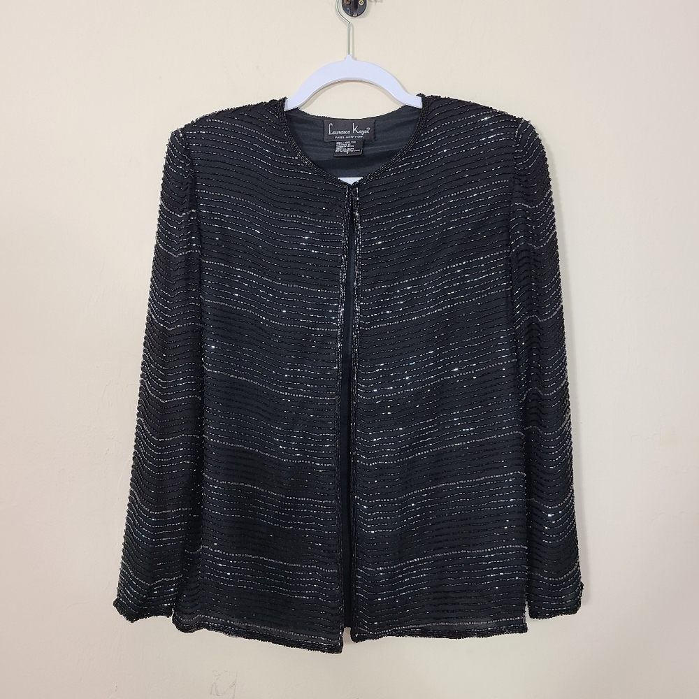 Laurence Kazar Womens S Black Beaded Silk Jacket Blazer Eveningwear Formal Party